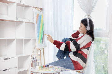Female artist painting on canvas, Artist studio interior, Draw with watercolor, Drawing supplies ,...