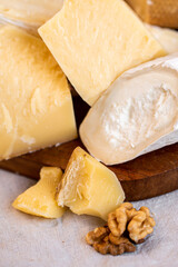 Parmesan, Goat Cheese, Brie, Camembert. Assorted cheeses on the board. Italian cheeses. Snack for wine. Cheese advertisement. Cheeseboard. Delicious cheese