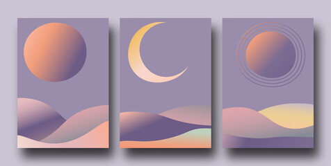 Trendy set of abstract creative nature scenes in a minimalist artistic hand drawn compositions.