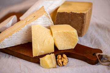 Parmesan, Goat Cheese, Brie, Camembert. Assorted cheeses on the board. Italian cheeses. Snack for wine. Cheese advertisement. Cheeseboard. Delicious cheese