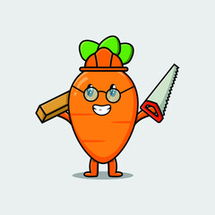 Cute cartoon carrot as carpenter character with saw and wood in flat modern style design