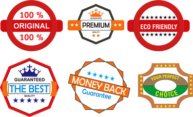 Set of badges icons on products to determine the criteria. illustration certified best quality, eco friendly, original, money back design vector illustration.