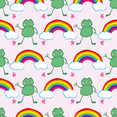 Frog Star Rainbow Cloud Seamless Pattern