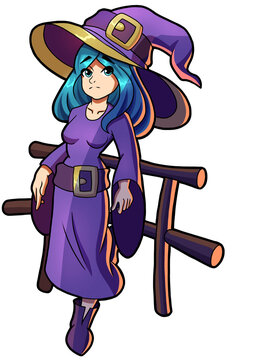 A cute witch girl stands leaning on a wooden fence, she has a large witch hat, blue blue hair, a large belt and a long robe, color picture