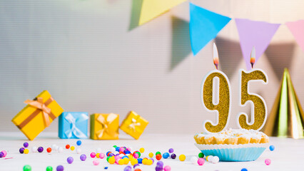Happy birthday card from candles with the number 95, golden numbers from candles for...