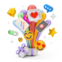 Creative concept of 3d render social media marketing cartoon illustration with 3d floating icon. 3D rendering