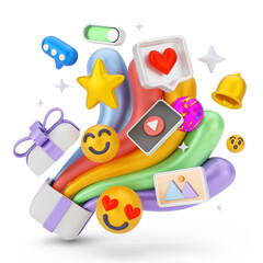 Creative concept of 3d render social media marketing cartoon illustration with 3d floating icon. 3D rendering