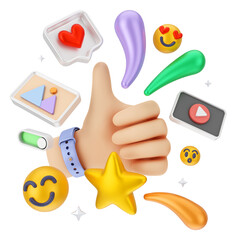 Creative concept of 3d render social media marketing cartoon illustration with 3d floating icon. 3D rendering