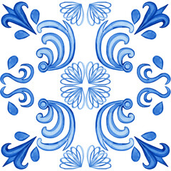 Fototapeta na wymiar Majolica seamless pattern. Sicilian hand drawn blue ornament. Traditional blue and white ceramic tiles. Portuguese traditional azulejo pattern. Moroccan style.