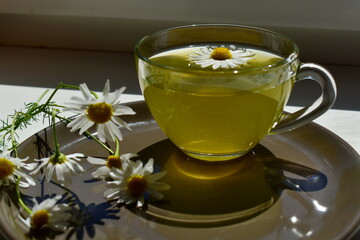 green tea with chamomile in a glass cup in the bright sun