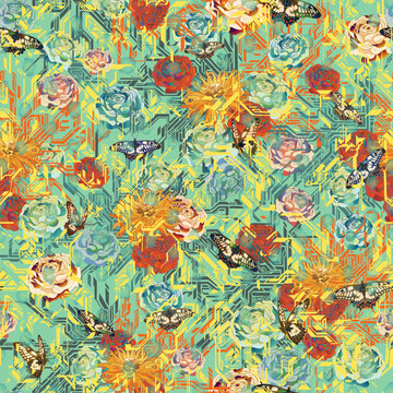 VECTOR SEAMLESS PATTERN bold modern chinoiserie floral. Summer garden art print with butterflies and psychedelic vibe. future retro vintage roses and modern lines and shapes