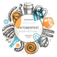 Oktoberfest wreath in collage style. German food and drinks menu design. Meat dishes sketches. German cuisine vintage frame. Traditional beer festival sketched illustration. Oktoberfest party banner - obrazy, fototapety, plakaty