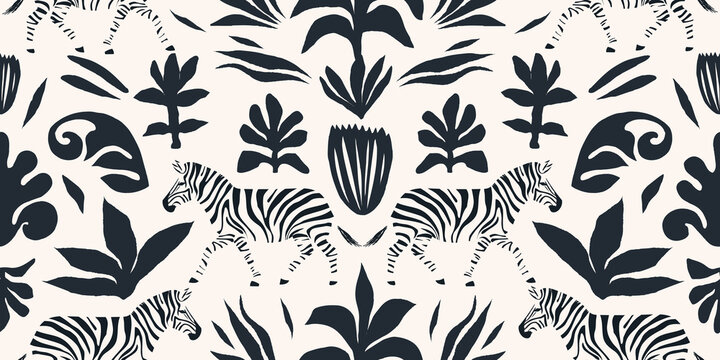 Hand drawn abstract botanical shapes and zebras pattern. Collage contemporary print. Fashionable template for design.
