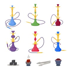 Hookah. authentic arabian devices for hookah smoking bad addiction oriental symbols. Vector templates