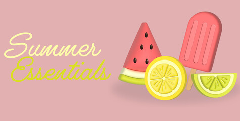 Summer Essentials - Melone, Zitrone, Stieleis und Limette in 3D