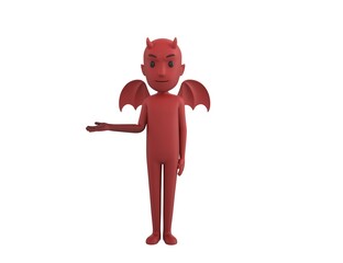 Devil character looking to camera and pointing hand to the side in 3d rendering.
