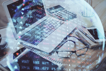 Double exposure of business theme icons and work space with computer background. Concept of success.