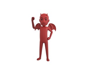 Devil character raising right fist in 3d rendering.