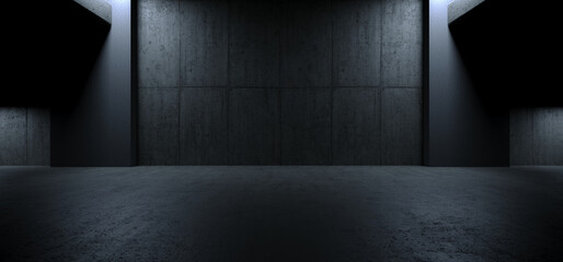 Großer rauer Beton Grunge Asphalt Zement dunkel leuchtende Lichter unterirdisches Studio Flur Parkraum Bunker Luftschutzbunker Keller 3D-Rendering © IM_VISUALS