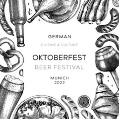 Oktoberfest background. German food and drinks menu design. Vector meat dishes sketches. German cuisine frame. Beer festival black and white illustration in sketched style. Oktoberfest party - obrazy, fototapety, plakaty