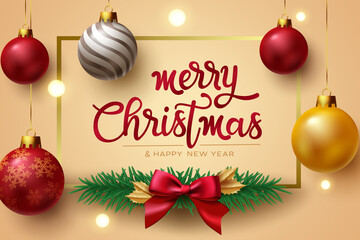 Fototapeta na wymiar Merry christmas vector background design. Merry christmas greeting text with ribbon and hanging xmas balls for holiday season. Vector illustration. 