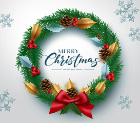 Fototapeta na wymiar Christmas wreath vector concept design. Merry christmas greeting text in wreath xmas element with ribbon, holly berry and pine cone decoration for holiday season. Vector illustration. 