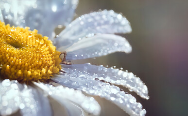 Garden daisies Leucanthemum vulgare close up. Flowering of daisies. Oxeye daisy, Daisies, Dox-eye, Common daisy, Moon daisy. Macro Chamomile or camomile flower with drops of water on the white petals