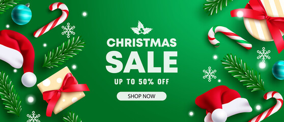 Christmas sale vector banner design. Christmas sale text in seasonal holiday discount offer with gifts shopping elements for xmas shop promotion ads. Vector illustration.
