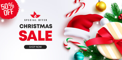 Christmas sale vector banner design. Christmas sale special offer text in price offer discount with xmas shopping elements for seasonal holiday promo. Vector illustration.
