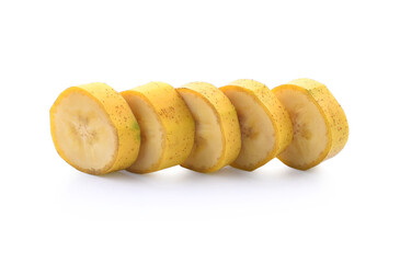 A ripe banana, peeled, cut into three pieces, placed on a white background. isolated with clipping path.