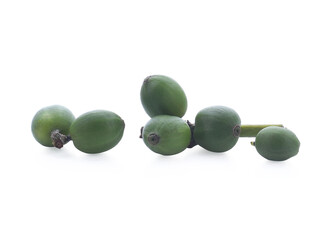 coffee beans and leaf on white background.