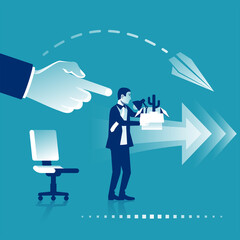 Firing employee. Sad man with a box in hands leaves work. Dismissed businessman. Employee job reduction, unemployment, crisis in job. Vector illustration flat design. Isolated on background.