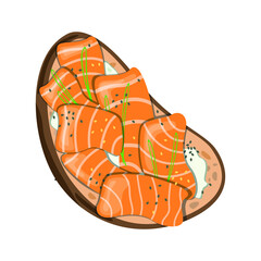Bruschetta or sandwich on a slice of bread with cream cheese, salmon and herbs. Vector isolated food illustration.