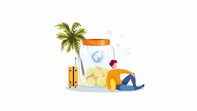 Jar with coins and man saving money for a travel. Money saving or accumulating, Financial services, deposit concept. Animation video.