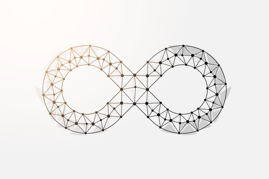 Infinity 3d low poly symbol with connected dots. Forever, unlimited design vector illustration. Endlessness polygonal wireframe