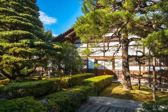 Beautiful traditional architecture at the Silver Pavilion or Ginkaku-Ji Zen temple and gardens, one of the most popular destinations in Kyoto, Japan.