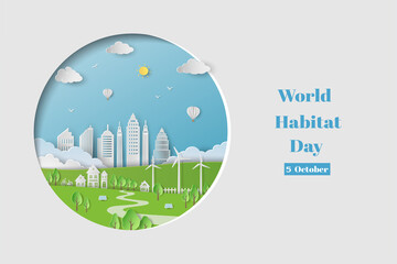 World habitat day concept on paper cut circle shape background