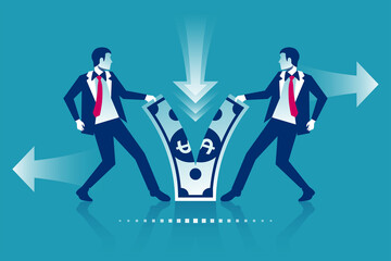 Two businessmen fight for money. Divide profits. Financial conflict. Tearing money. Conflict concept. Torn in half. Vector illustration flat design. Isolated on white background.
