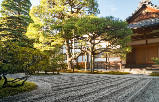 Low angle view of the Zen Garden Karesansui -dry landscape with interesting sand patterns at Ginkaku-Ji Temple, also known as the Silver Pavillion in Kyoto, Japan.