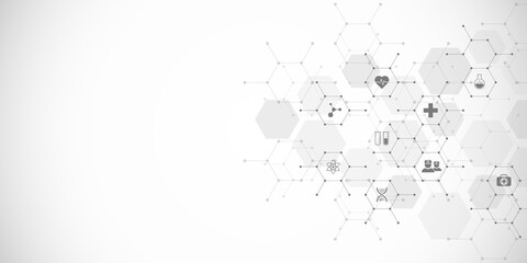 Medical background and healthcare technology with flat icons and symbols. Design template of concept and idea for health care business, innovation medicine, health safety, science