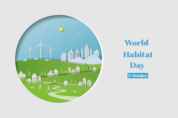 World habitat day concept with white city on paper cut circle shape background