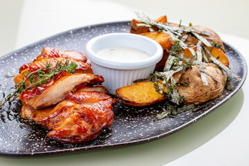 Chicken in Teriyaki sauce with roasted potatoes.In peel and garlic sauce. On a white background, isolated.