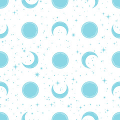 Blue moon seamless pattern with white background.