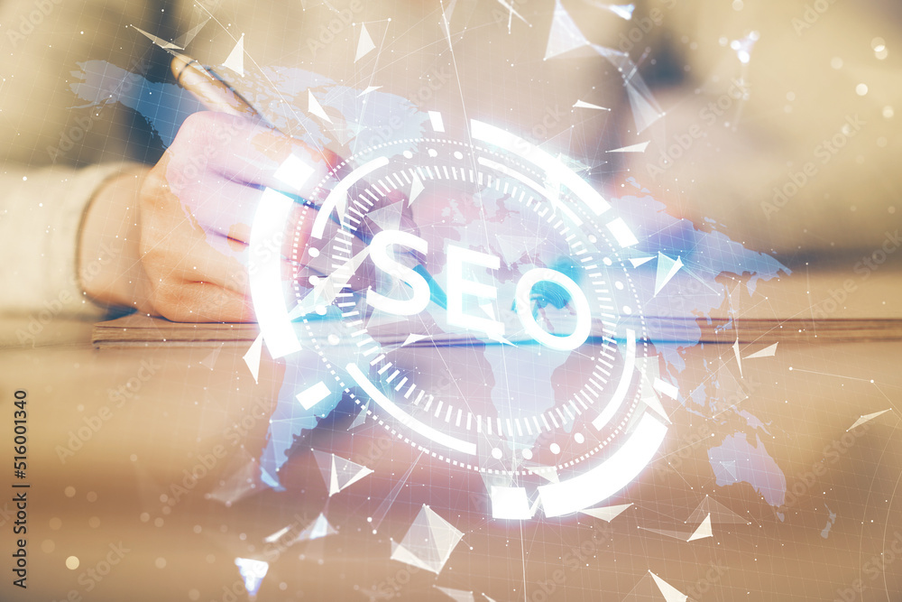 Poster multi exposure of woman's hands making notes with seo icon. concept of search engine optimization