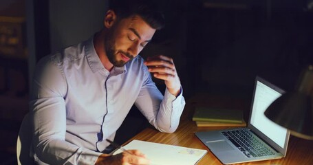 Stressed business man working late on a laptop in an office at night. Young worried entrepreneur feeling tired while struggling with burnout, eye strain and a headache from deadlines and pressure - Powered by Adobe
