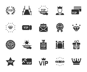 Vector set of vip flat icons. Contains icons vip card, exclusive, diamond, vip pass, vip customer, red carpet, vip service and more. Pixel perfect. - obrazy, fototapety, plakaty