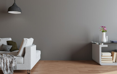 minimal interior style poster Mock up the living room wall in gray with modern sofa and decorations in the living room...copy space. 3D rendering.