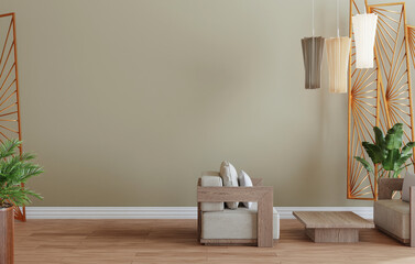 minimal interior style poster Mock up the living room wall in brown with modern sofa and decorations in the living room...copy space. 3D rendering.