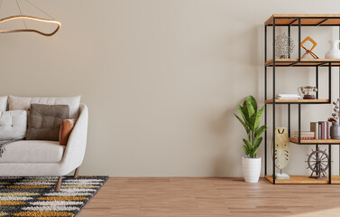 minimal interior style poster Mock up the living room wall in brorwn with modern sofa and decorations in the living room...copy space. 3D rendering.
