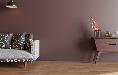 minimal interior style poster Mock up the living room wall in brown with modern sofa and decorations in the living room...copy space. 3D rendering..